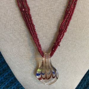 Vintage Art Glass Pendant on Triple Beaded Necklace